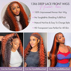 250 density Ginger Deep Wave Lace Front Wigs Human Hair Pre Plucked Hairline Glueless Wigs for Women 13x6 HD Lace Front Wigs Ginger Orange Curly Human Hair Wig Brazilian Hair 26 Inch