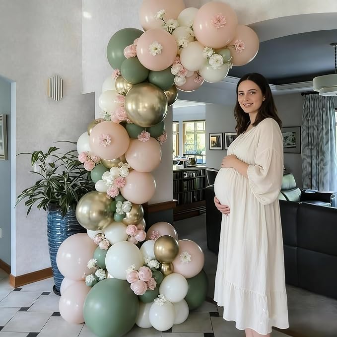 Pink and Green Balloons, 12 Inch Sage Green Pearl Pink and White Gold Confetti - Image 3