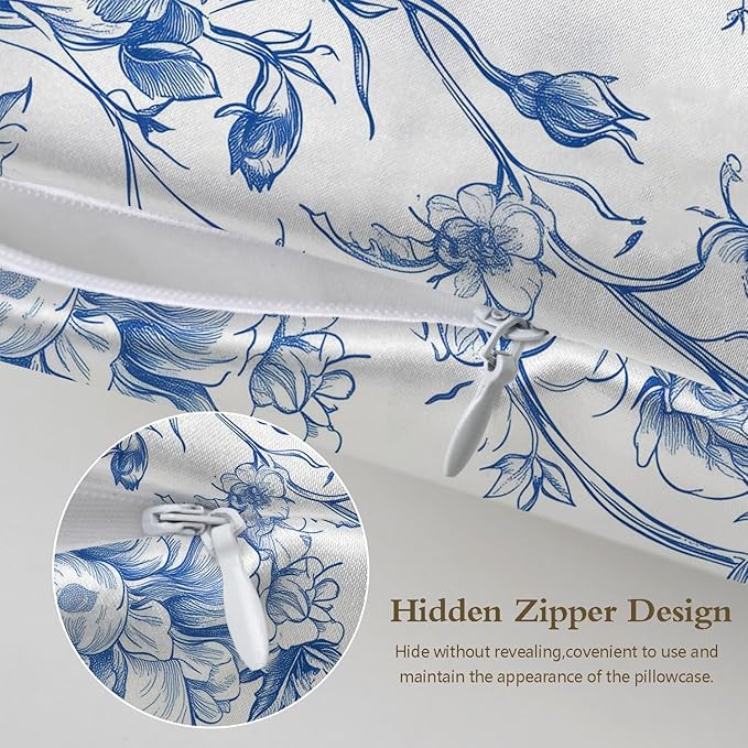 Silk Pillow Case for Hair and Skin Vintage Blue and White Floral Standard Size Silk Pillow Case with Zipper Super Soft Pillow Covers for Women Bed Sleeping, 20x26 Inches