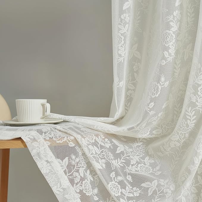 FINECITY Ivory Lace Kitchen Curtains Rustic Floral W42 x L45 Inch 2 Panels | - Image 6