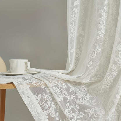 FINECITY Ivory Lace Curtains Rustic Leaf Floral 42 x 84 Inch, 2 Panels | Rod - Image 7