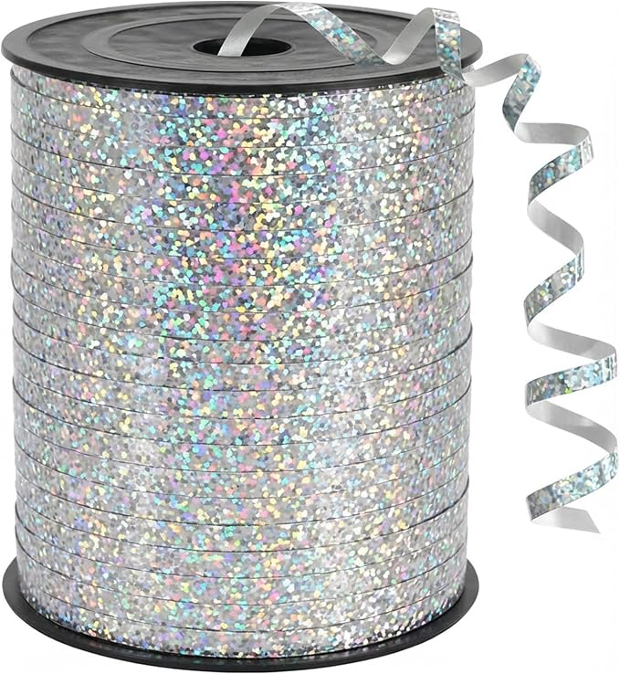 500 Yards Silver Curling Crimped Ribbon Balloon String Shiny Metallic Roll by Unknown