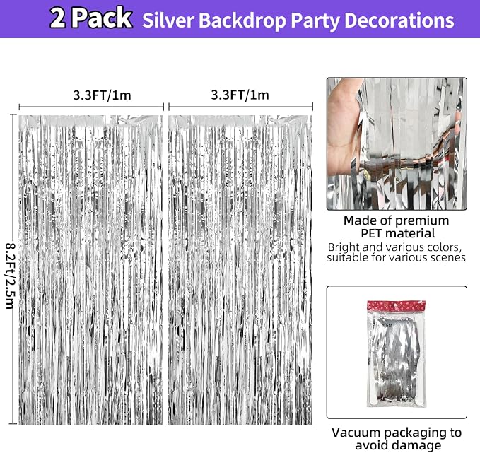 JINSUI Silver Tinsel Backdrop 3.3x8.2ft, 2 Pack Foil Fringe Curtains Decor - Image 4