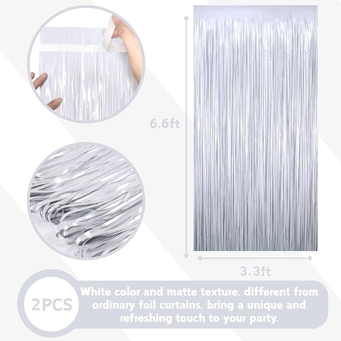 Matte White Tinsel Foil Curtains Backdrop Party Decorations 2 PCS | 3.3 x 6.6 - Image 2