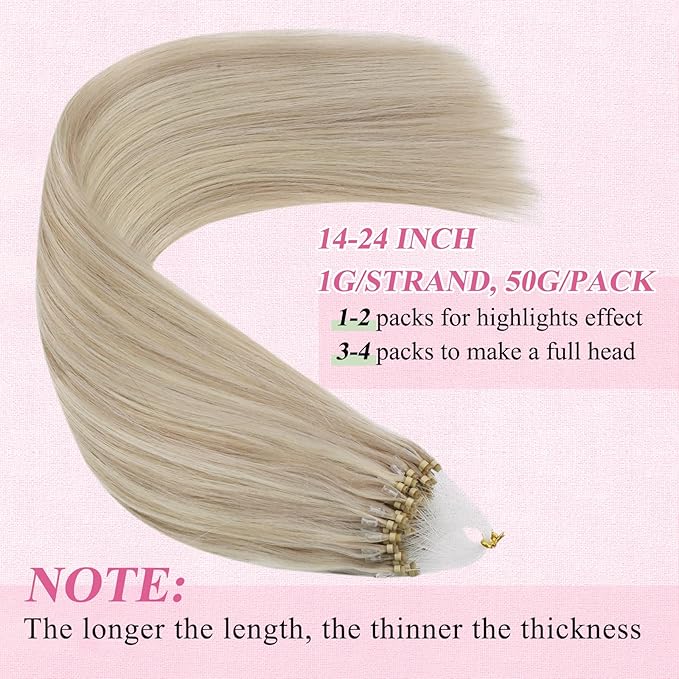 YoungSee Microlink Hair Extensions Human Hair Blonde Micro Beads Hair Extensions Ash Blonde Highlight Bead Hair Extension Real Human Hair 16 Inch Invisible Cold Fusion Hair Extension 50g 50s