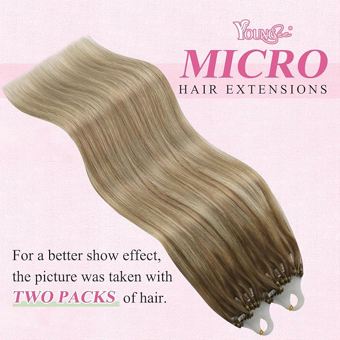 YoungSee Microbead Hair Extensions Ombre Micro Loop Hair Extensions Real Human Hair Balayage Light Brown with Blonde Micro Hair Extension Human Hair Silky Straight for Young Adults 22 Inch 50s 50g