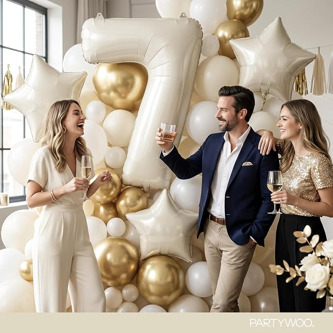 PartyWoo Beige Number 7 Balloon 40 Inch 25pcs White Sand Foil Star Gold | Foil - Image 4