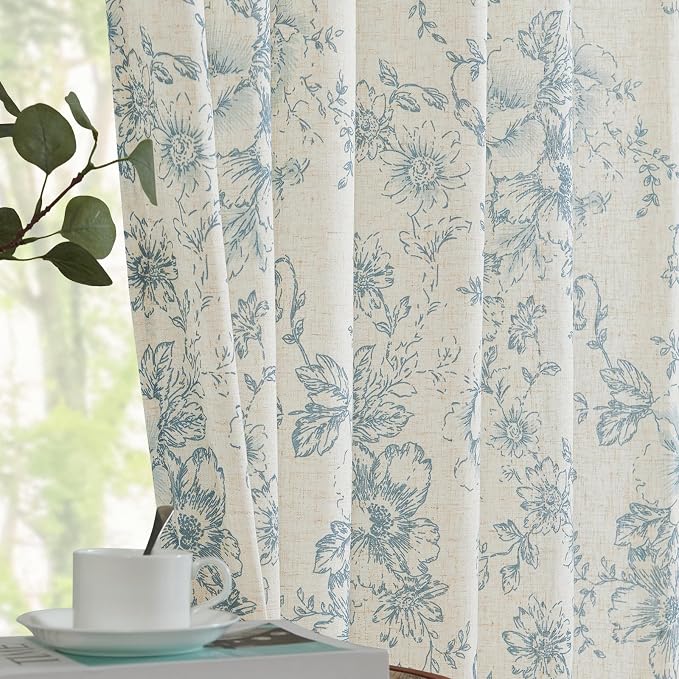 jinchan Blue Floral Linen Curtains 96 Inch Farmhouse Back Tab 2 Panels | Light - Image 2