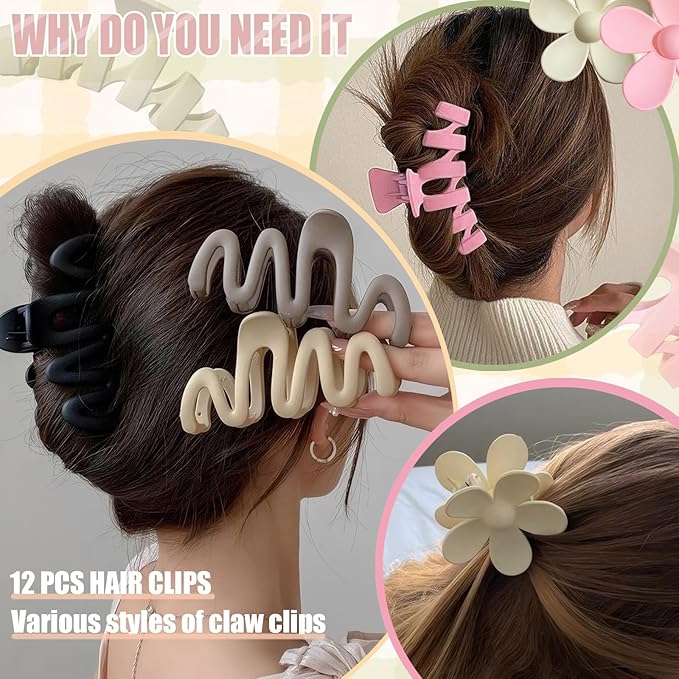 12 Pcs Claw Clips, Multi-Shapes Hair Clips for Women Girls, Non-Slip Large Jaw Claw Clips for Thick Thin Curly Hair Accessories (Light Blue)