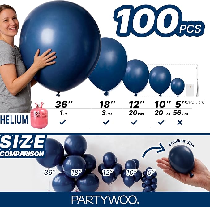PartyWoo Navy Blue Balloons 100pcs Dark Blue Color 36 18 12 10 5 Inch | 36 18 - Image 6