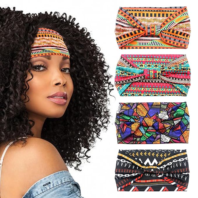 Head Bands for Women's Hair - Non-Slip Wide Yoga Head Wrap, 4 Pack African Print Workout Turban for Natural Hair, Braids, Dreadlocks & Protective Styles
