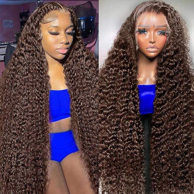 250% Density 13x6 FULL SKINLIKE HD Chocolate Brown Deep Curly lace front wigs Pre Plucked Real 0.10mm Ultra-thin Invisible Water Wave HD Lace Front Wigs Human Hair Small Knots Full Virgin Hair 30 Inch