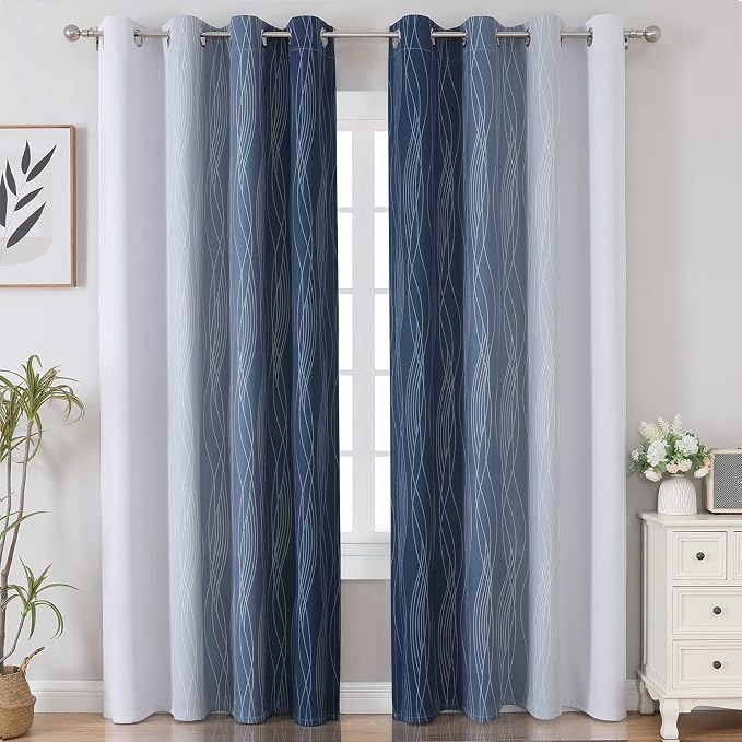 Greyish White and Navy Blue Blackout Curtains 96 Inches Long, Ombre Thermal - Image 2