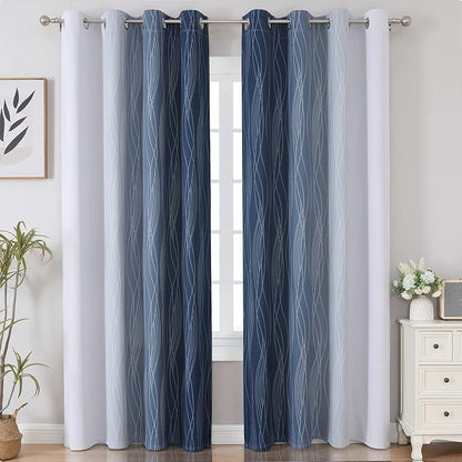 Greyish White and Navy Blue Blackout Curtains 96 Inches Long, Ombre Thermal - Image 2
