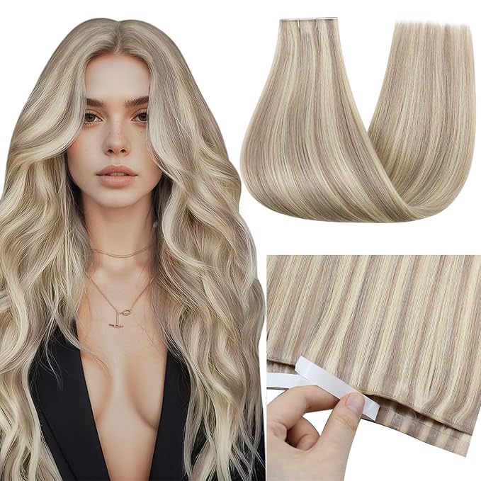 Full Shine Human Hair Extensions Tape in Color 18/613 Highlight Blonde Long Tape Weft Invisible Tape in Weft Hair Exensions Human Hair Weft Extensions 50G One Piece Travel Friendly Styling 20Inch