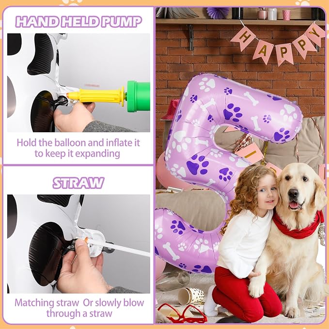 40 Inch Pink Dog Paw Birthday Balloons, Numeral 5 Balloons - Image 4