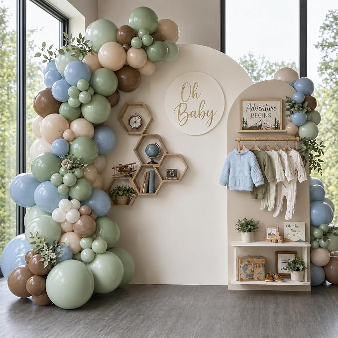 Sage Green Blue Brown Balloons for Jungle Woodland Baby Shower Decorations | - Image 5