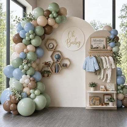 Sage Green Blue Brown Balloons for Jungle Woodland Baby Shower Decorations | - Image 5