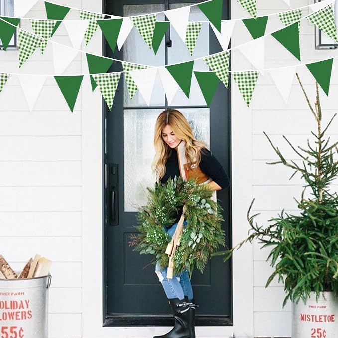 32Ft Green Party Decorations Green Buffalo Plaid Checkered White Triangle Flag - Image 6