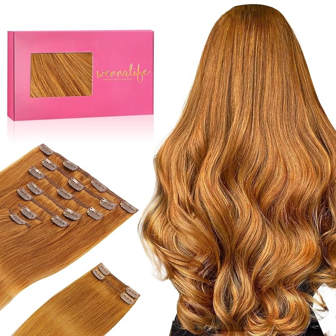 WENNALIFE Clip in Hair Extensions Real Human Hair, 18 Inch 150g 9pcs Human Hair Extensions Clip In, Auburn Ginger Hair Extensions Clip In Real Hair Coloured Remy Human Hair Extensions
