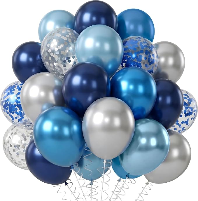 Blue Silver Balloons 12 Inch Blue and Silver Balloons Dark Navy Confetti Latex by Unknown