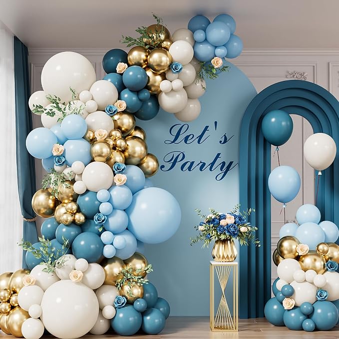 Dusty Blue Balloon Arch Garland Kit, Slate Fog, Baby Blue and Gold Balloons by Haolongfa