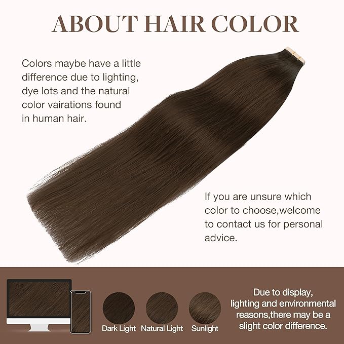 GOO GOO Tape in Hair Extensions Human Hair, 4A Chocolate Brown, 18inch 50g 20pcs, Skin Weft Seamless Invisible, Silky Straight with Thick Ends, Remy Human Hair