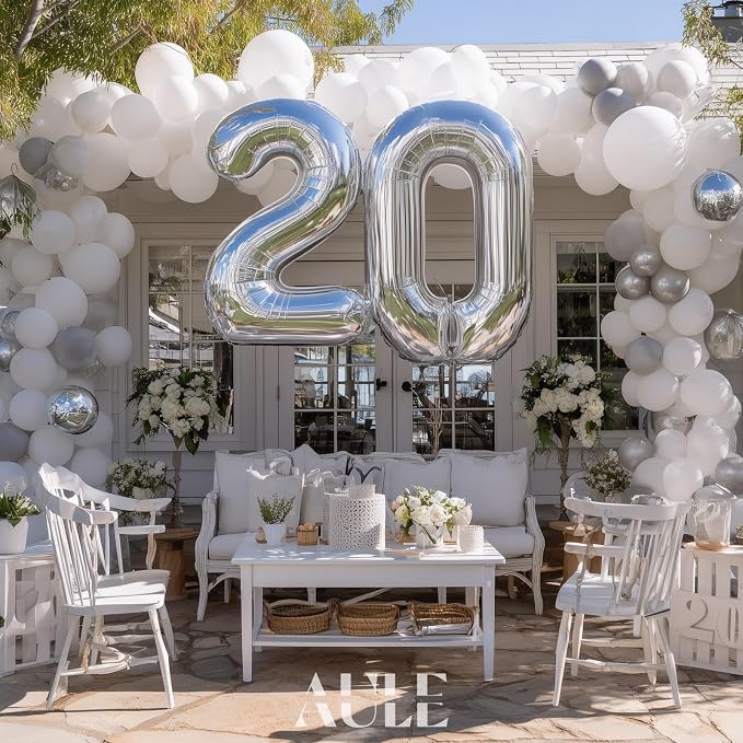 AULE 40 Inch Silver 20 Balloon Number Foil 0-9 Birthday Big Numbers | Birthday - Image 2