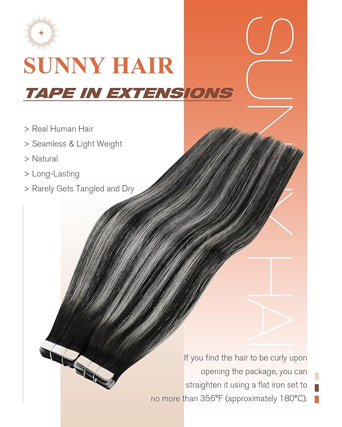 Sunny Hair Tape in Hair Extensions Human Hair Black Balayage Silver Hair Extensions Real Human Hair Tape ins 24 inch Tape in Extensions 20Pcs 50G