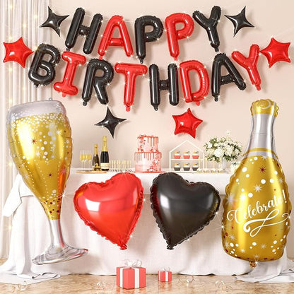 Red and Black Happy Birthday Balloons Banner, Birthday Decorations by Hapmori