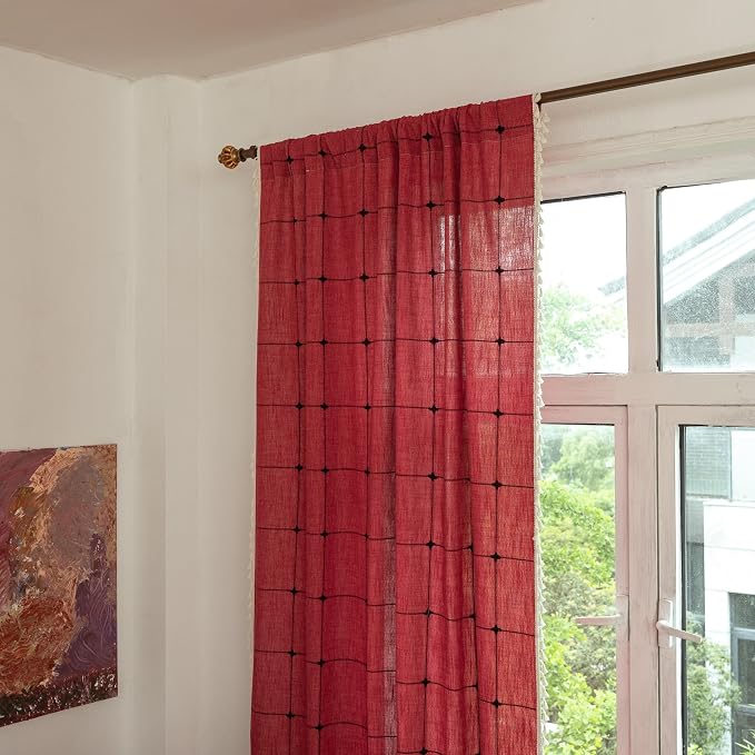 Sutuo Home Boho Curtains for Kitchen Nursery 63 Inch Length, Grid Linen Light - Image 5
