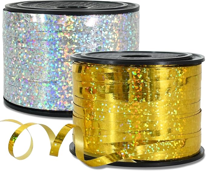 BEISHIDA 2 Pack 100 Yards Gold Silver Glitter Ribbon Balloon String Shiny by Beishida