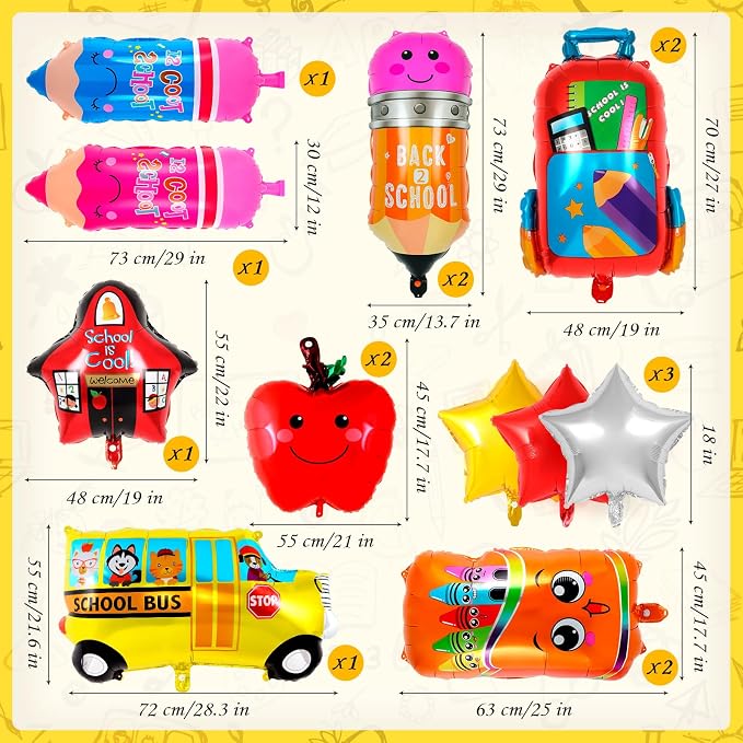 21 Pcs Large Back to School Balloons, Colorful Pencil Crayon Schoolbag Star Bus - Image 2