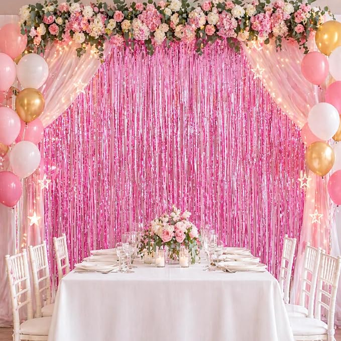 jijAcraft Pink Tinsel Foil Fringe Curtain, 3 Pack 3.2x6.5 Feet Pink Streamer - Image 7