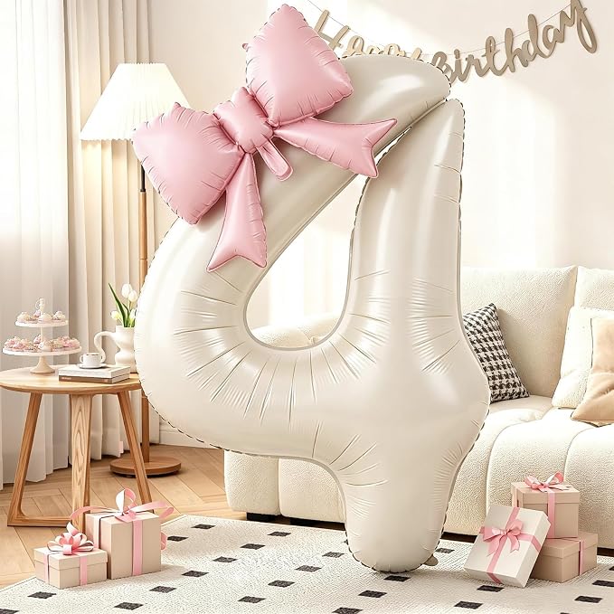 Cream 4 Balloons with Pink Bow Balloons, 40 Inch Giant Self Inflating Beige by KYGNE
