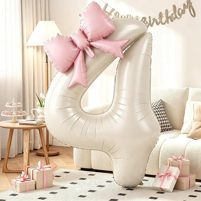 Cream 4 Balloons with Pink Bow Balloons, 40 Inch Giant Self Inflating Beige by KYGNE