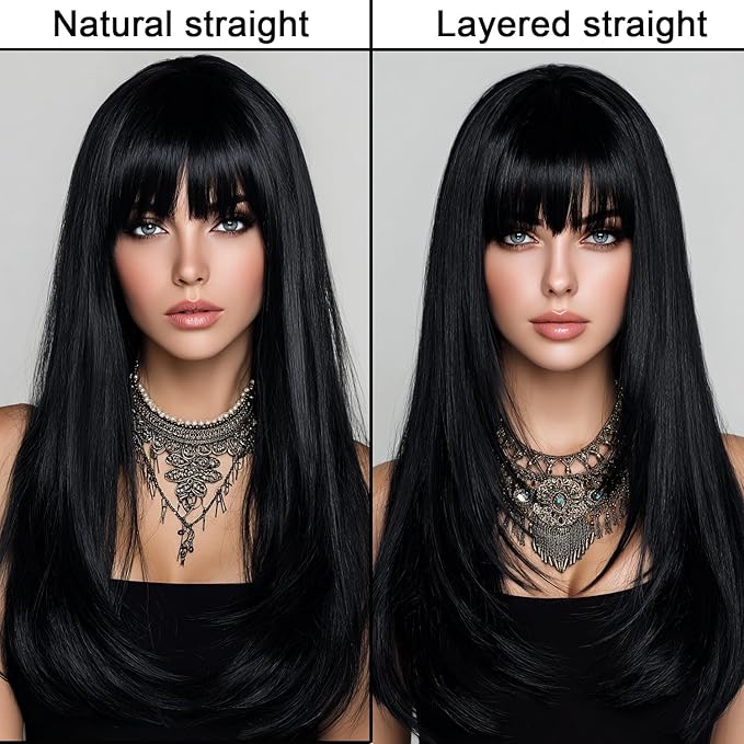 Black Wig With Bangs Long Wavy Straight Wig with Layered Hair Synthetic Heat Resistant Wigs for Women Daily Party Use 26 Inches