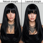 Black Wig With Bangs Long Wavy Straight Wig with Layered Hair Synthetic Heat Resistant Wigs for Women Daily Party Use 26 Inches