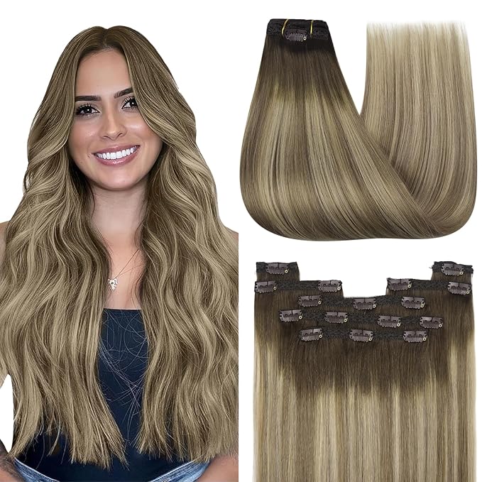 YoungSee 150G Clip in Human Hair Extensions Brown Clip on Hair Extensions for Women Walnut Brown Ombre Light with Blonde Clip in Hair Extension Real Human Hair 22inch 7pcs