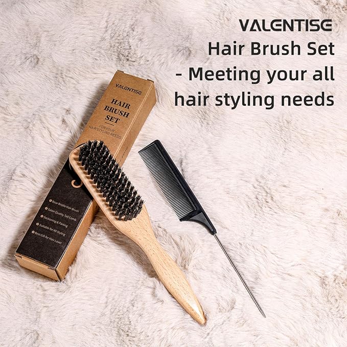 Boar Bristle Slick Back Hair Brush, Teasing Hair Brush with Black Carbon Fiber and Stainless Steel Tail Comb, Slick Hair Brush Set for Parting and Sectioning, Suitable for All Styling