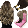 YoungSee I Tip Hair Extensions Human Hair Balayage Itip Hair Extension Real Human Hair Ombre 14 Inch Itip Human Hair Extension Dark Brown Ombre Brown Tip Hair Extension for Short Hair 80s 50g