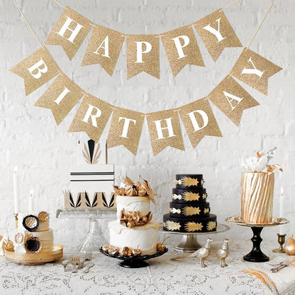 Pre-Strung Gold Happy Birthday Banner Glitter Birthday Party Banner NO DIY | - Image 5