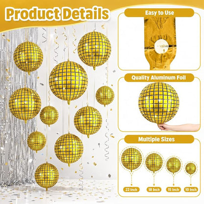 12Pcs Disco Ball Balloons Gold, Giant Metallic Gold Disco Foil Balloons - Image 6
