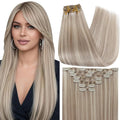 Full Shine Blonde Clip in Human Hair Extensions Highlights Remy Clip in Hair Extensions Double Weft Silky Straight 7 Pcs Invisible Natural Hair Ash Blonde Highlight 18 Inch 120 G