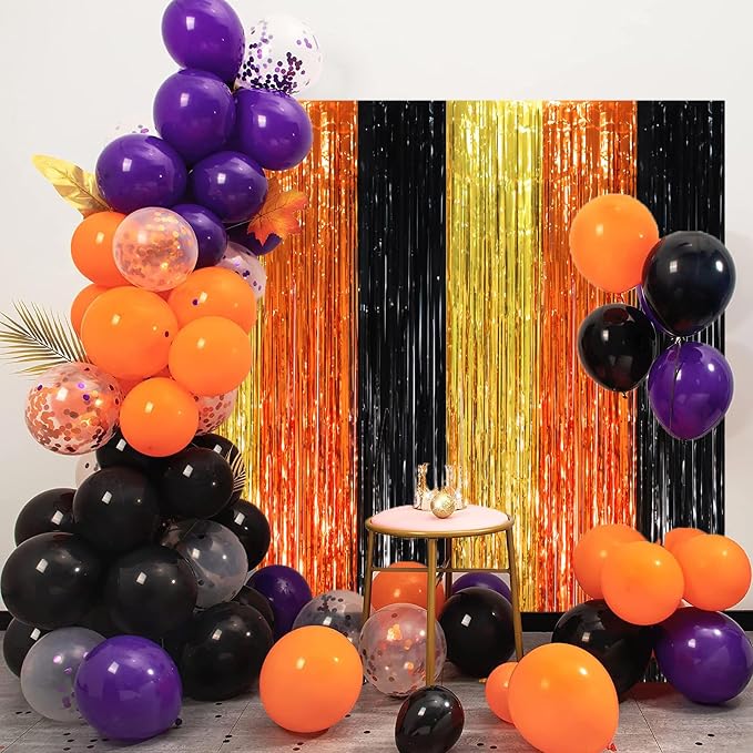 Voircoloria Black Gold Orange Fringe Backdrop Curtains, 3 Pack | Tinsel - Image 5