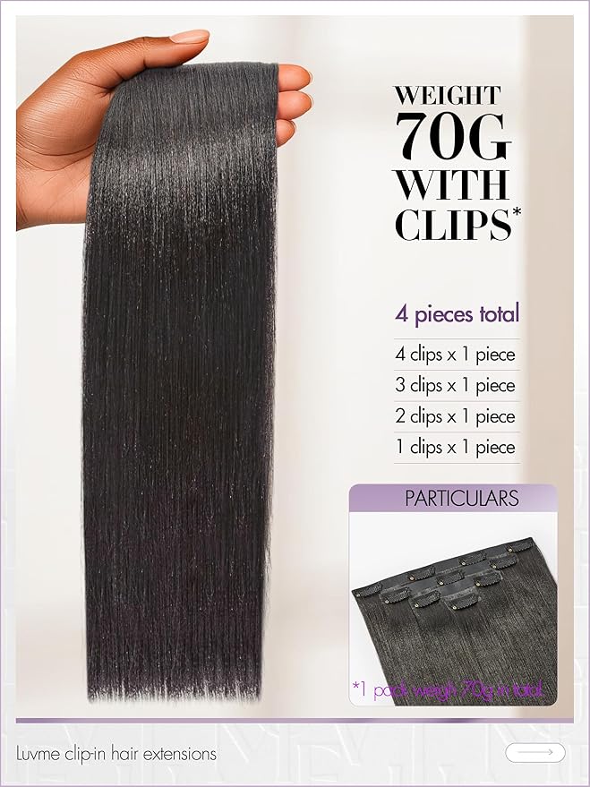 LUVME Yaki Straight Seamless 70g 4Pcs Clip in Hair Extensions Full Max with 18inch Remy Human Hair Clip ins Extensions, Natural Black 100% Real Soft Hair