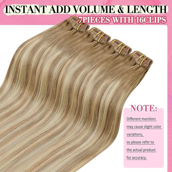 YoungSee 135g Clip in Human Hair Extensions Blonde Balayage Human Hair Clip in Extensions Golden Brown Mix Blonde Balayage Clips on Hair Extensions for Woman 16inch