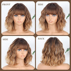 MISSQUEEN Brown Mixed Blonde Wavy Wig 12inch Bob Brown Blonde Wavy Wig with Bangs Natural Synthetic Wavy Curly Highlight Blond Wigs for Halloween Daily Party Festival Used