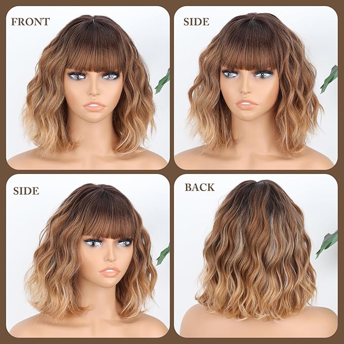 MISSQUEEN Brown Mixed Blonde Wavy Wig 12inch Bob Brown Blonde Wavy Wig with Bangs Natural Synthetic Wavy Curly Highlight Blond Wigs for Halloween Daily Party Festival Used