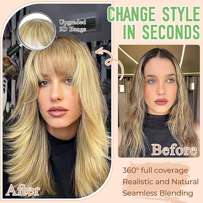 Bangs Hair Clip in Bangs 360°3D Cover Hair Topper Synthetic HairPieces for Women Bleach Blonde Wispy Fake Bangs Toppers for Daily Wear